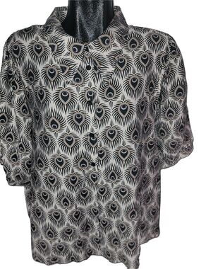 Black & White Peacock Feather Print Button-Up Short Puff Sleeve Shirt Size 1X